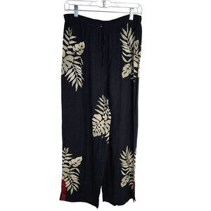 Soft Surroundings Pants Medium Black Leaf Print Red Trim Pullon Wide Leg